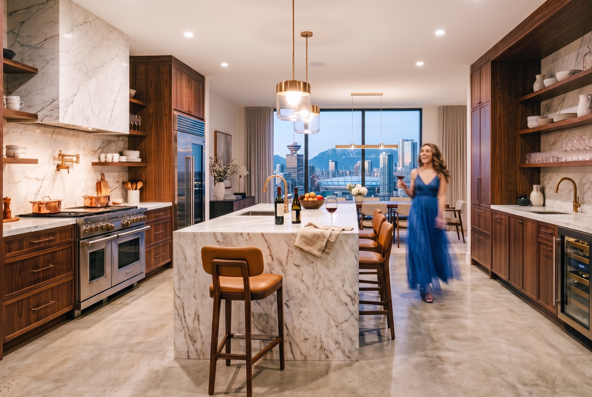 Virtually staged kitchen and dining interior